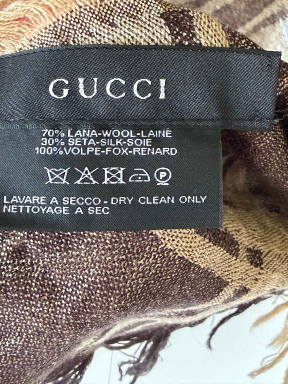 Gucci Brown and Tan Plaid Wool-Silk Shawl with Fox Trim - Picture 2 of 2